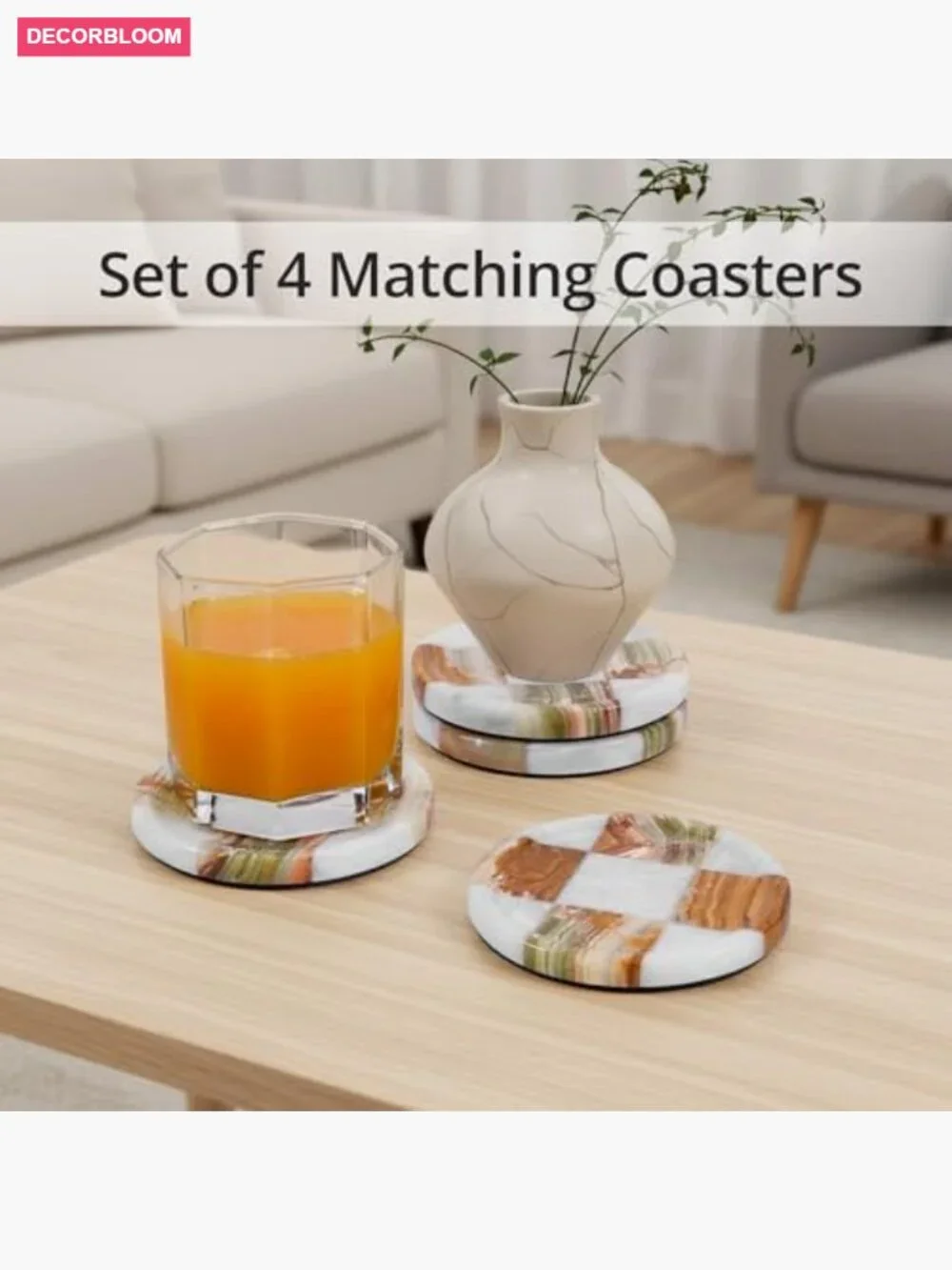 Set of 4 Handmade Marble Coasters, Round Stone Coaster for Dining Table